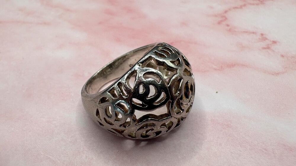 Vintage Silver Tone Rose Dome Ring Openwork Floral Filigree Cut Out Size 6.75